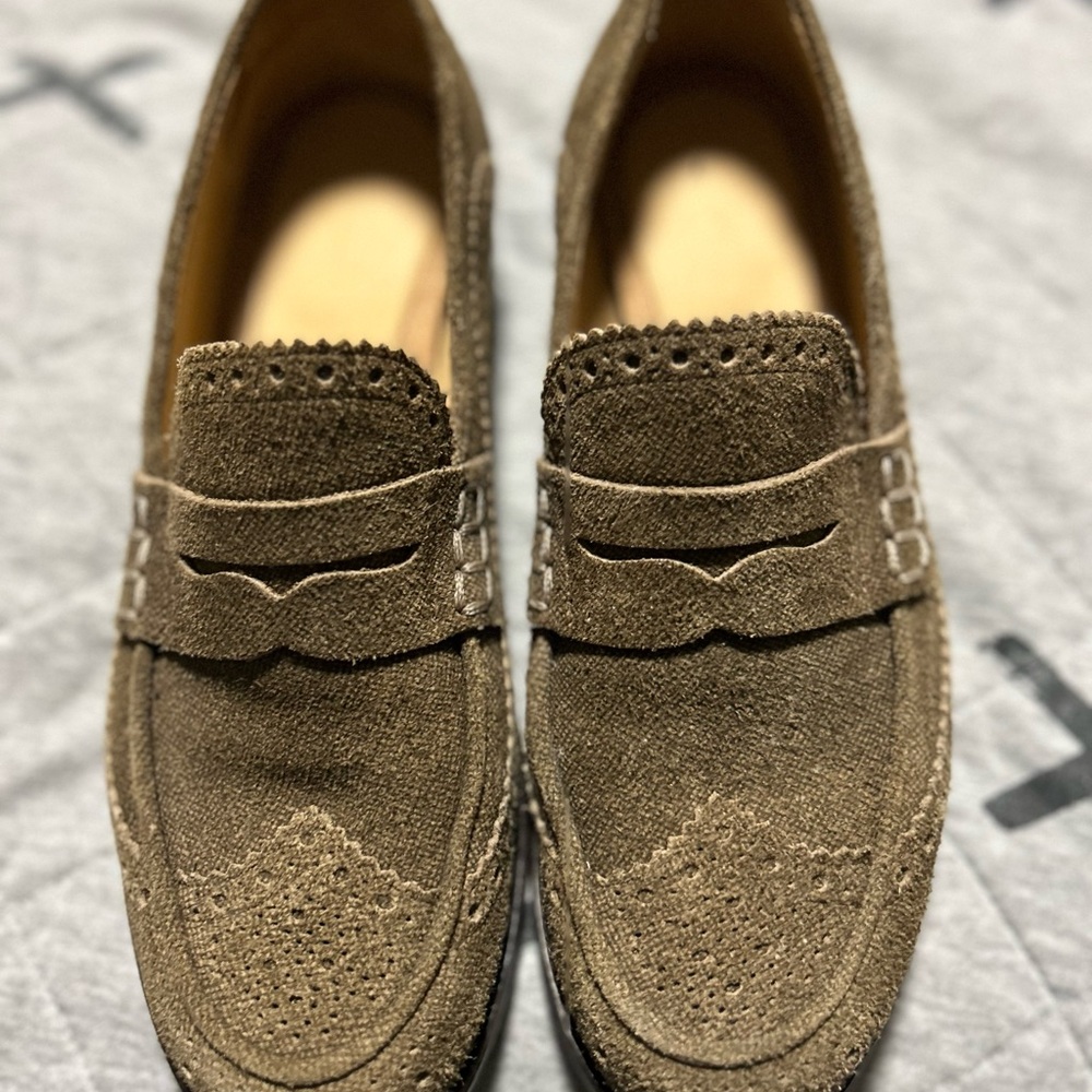 Brown Suede Penny Loafers with Brogue Detailing